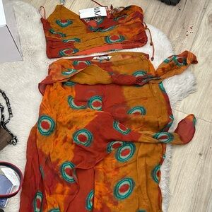 NWT Zara Red and Orange Patterned Two-Piece Set, wide leg pants and matching top